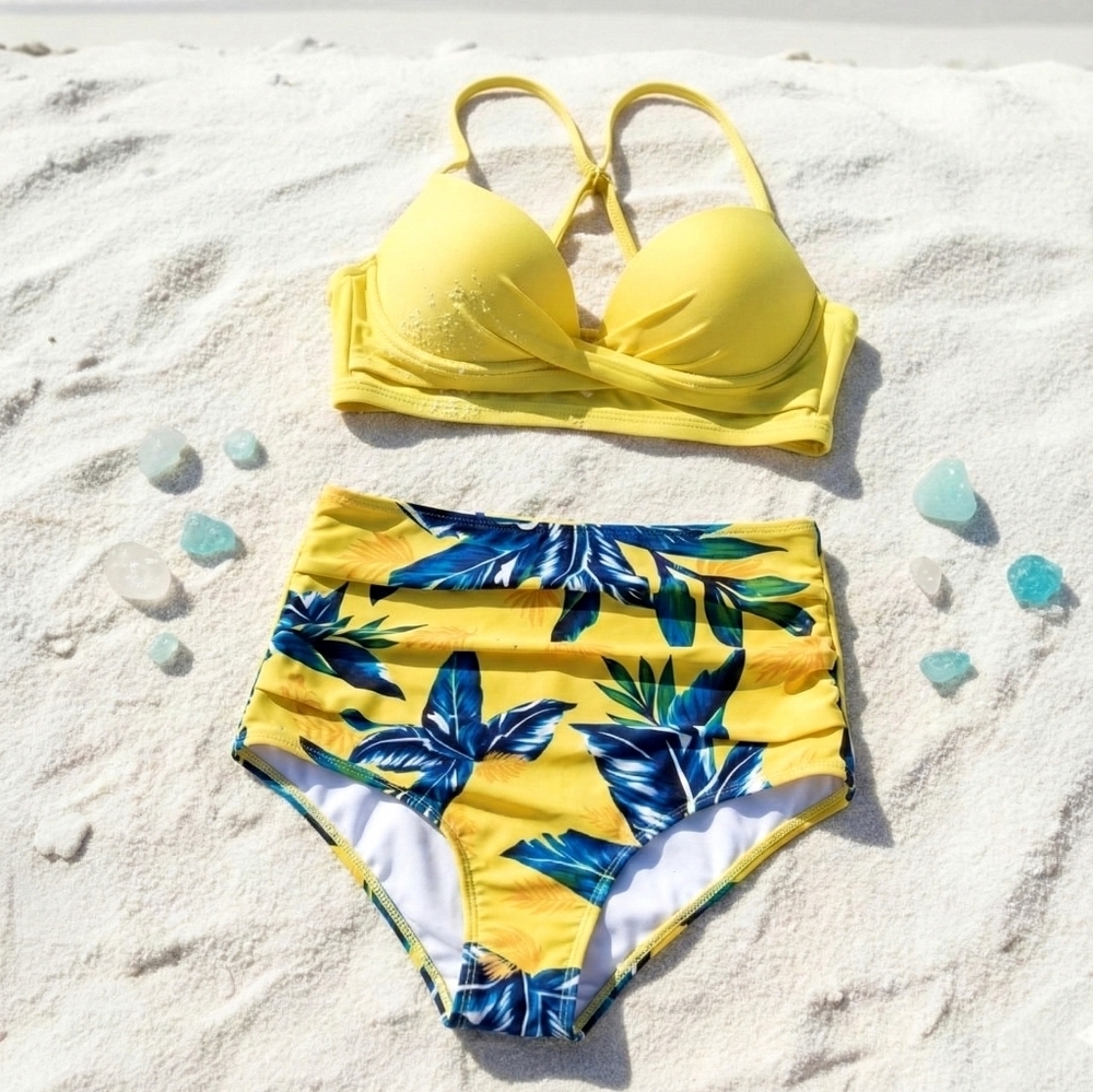 Yellow Tropical Leaf High Waist Bikini Set Twist Front Coconut Girl Y2K Small